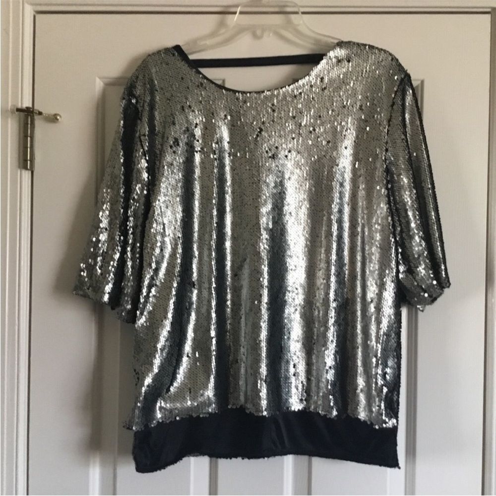 Silver Sequin Short Sleeve Hoodie Top - Women's Sparkle Pullover